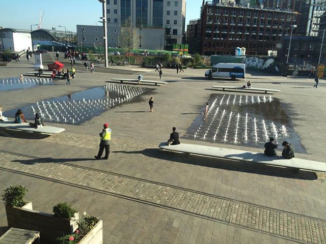 The fountains at Central Saint Martins arranged in a sine wave