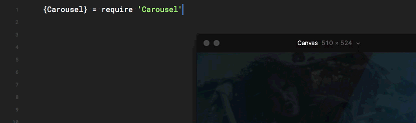 The text types 'carousel = new Carousel' and a carousel appears in the preview window